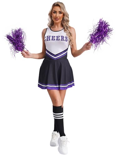 Yeahdor Damen Cheer Leader Kostüm Ärmellos Cheerleading Kleid mit Pompoms + Socken Tanzkleid Karneval Fasching Party Cosplay Kostüm A Dunkel Lila S von Yeahdor