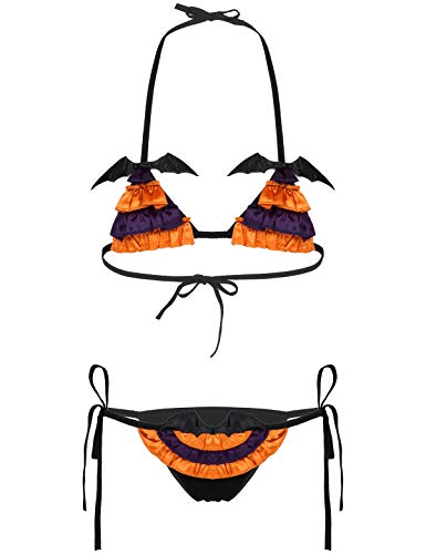 Yeahdor Damen Dessous Set Kostüm Halloween Set Kürbis Set Traingel BH mit G-String Teufel Glöckchen Pyjama Set Lingerie Babydoll Orange B Einheitsgröße von Yeahdor