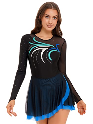 Yeahdor Damen Eiskunstlauf Kleid Langarm Tanzkleid mit Strass Ballettkleid Asymmetrischer Kleid Turnanzug Bühnenauftritt Tanzkleidung Blau Grün L von Yeahdor