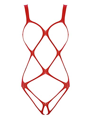 Yeahdor Damen Fischnetz Body Ouvert Netz Bodysuit Ausgehöhlte Stringbody Körper Harness Bodystocking Dessous Reizwäsche Rot Einheitsgröße von Yeahdor