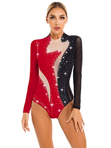 Yeahdor Damen Gymnastikanzug Langarm Farbblock Turnanzug mit Strass Ballett Trikot Leotard Gymnastik Fitness Ballettkleidung Schwarz & Rot M von Yeahdor