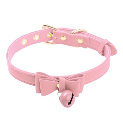 Yeahdor Damen Halsband mit Glöckchen Tier Kostüm Zubehör Mädchen Choker Kragen Verstellbare Leder Gürtel Party Cosplay Rosa Einheitsgröße von Yeahdor