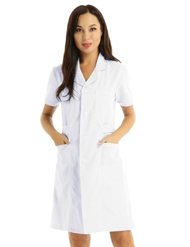Yeahdor Damen Krankenschwester Uniform Kurzarm Laborkittel Doktor Medizin Uniform mit Tasche Kittel Kleid Krankenhaus Klinik Arbeitskleidung Weiß Medium von Yeahdor