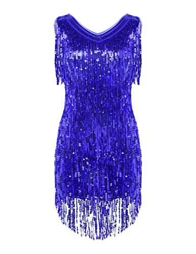 Yeahdor Damen Latein Kleid Kurz Ärmellos Fransenkleid V-Ausschnitt Tanzkleid Paillettenkleid Flapper Kleid Bühnenauftritte Performance A Blau L von Yeahdor