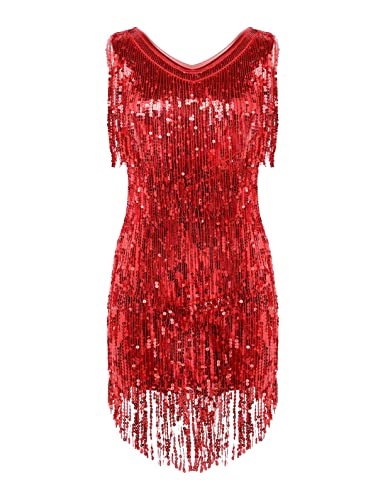 Yeahdor Damen Latein Kleid Kurz Ärmellos Fransenkleid V-Ausschnitt Tanzkleid Paillettenkleid Flapper Kleid Bühnenauftritte Performance A Rot XXL von Yeahdor