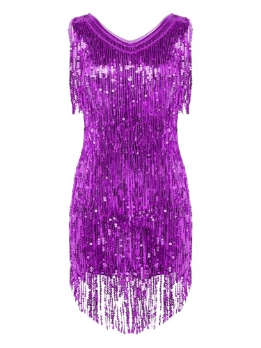 Yeahdor Damen Latein Kleid Kurz Ärmellos Fransenkleid V-Ausschnitt Tanzkleid Paillettenkleid Flapper Kleid Bühnenauftritte Performance B Lila XXL von Yeahdor