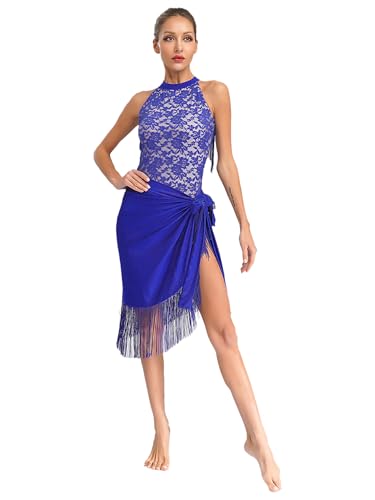 Yeahdor Damen Latein Tanz Outfits Neckholder Spitze Leotard mit Fransen Rock Tanzbody Rumba Tango Wettbewerb Tanzkleidung Blau XL von Yeahdor