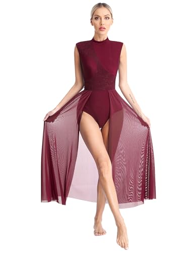 Yeahdor Damen Tanzkleid Lyrisch Ärmelloses Tanzbody mit Asymmetrisch Rock Spitzen Ballettkleid Tango Latein Ballettanzug Tanzkleidung C Weinrot M von Yeahdor