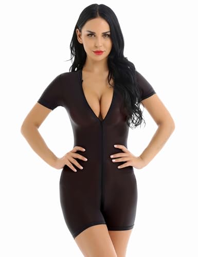 Yeahdor Damen Nylon Body Halb Transparent Kurzarm Bodysuit Overall mit Reißverschluss Catsuit Sportbody Training Unterwäsche Schwarz Einheitsgröße von Yeahdor