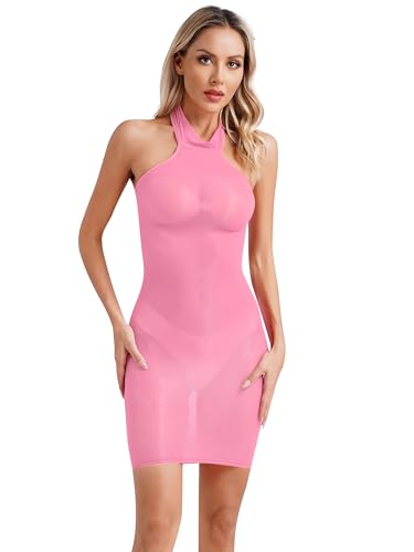 Yeahdor Damen Nylon Kleid Transparent Langarm/Ärmellos Minikleid Ouvert Atmungsaktiv Bodystockings Unterkleid Dessous Party Karneval L Geben Sie A Rosa EIN Einheitsgröße von Yeahdor