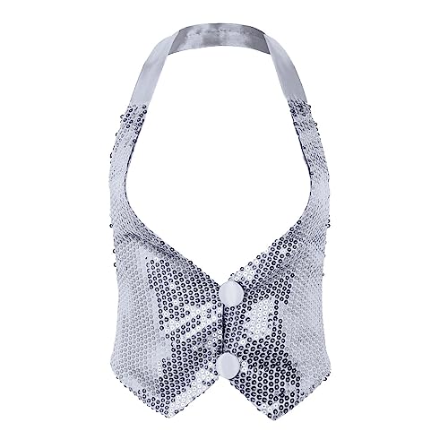 Yeahdor Damen Pailletten Weste Kellnerin Kostüm Neckholer Tank Top Glänzende Oberteile Karneval Fasching Silvester Party Disco A Silber Einheitsgröße von Yeahdor