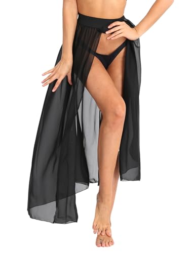 Yeahdor Damen Rock Langer Chiffon Transparent Tanzrock Bikini Cover Up Rock Strandrock Wickelrock mit Schlitz Party Tanzen A Schwarz L von Yeahdor