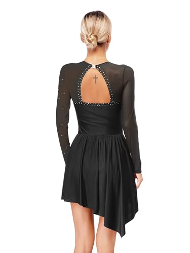 Yeahdor Damen Tanzkleid Kurz Langarm Eiskunstlauf Kleid mit Strass Rückfrei Lyrisch Kleid Tanzbody Asymmetrisch Rock Abschlussball Party Schwarz XXL von Yeahdor