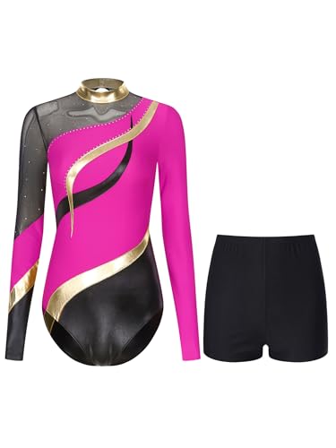 Yeahdor Damen Turnanzug Langarm Ballett Trikot mit Strass + Kurze Hose Gymnastikanzug Ballettanzug Trainingsanzug Akrobatik Wettkampf Hot Pink L von Yeahdor