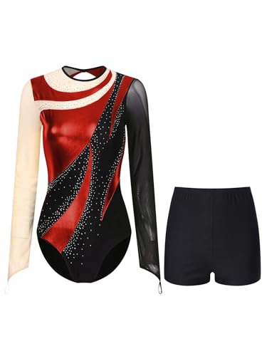 Yeahdor Damen Turnanzug Langarm Tanzbody mit Strass + Kurze Hose Gymnastikanzug Ballett Trikot Set Trainingsanzug Akrobatik Eiskunstlaufen Rot S von Yeahdor