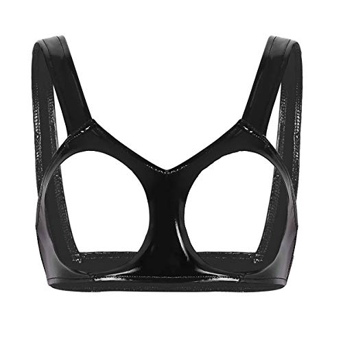 Yeahdor Damen Wetlook BH Offene Brust Lackleder Brustfreier BH Nippelfrei Bra Oberteile Erotische Tops Nachtwäsche Dessous GOGO Clubwear Schwarz L von Yeahdor