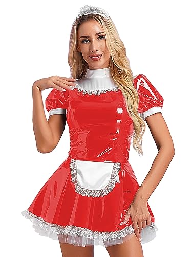 Yeahdor Damen Wetlook Dienstmädchen Kostüm Kurzarm Minikleid mit Halsreif Lackleder Gothic Kleid Spitze Dessous Party Cosplay Verkleidung C Rot 5XL von Yeahdor