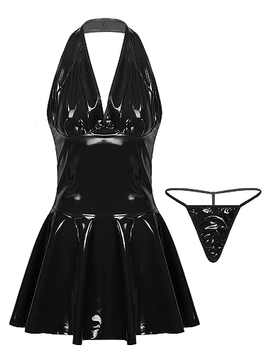 Yeahdor Damen Wetlook Minikleid Kurz Kleid Eng Neckholder PU Leder Kleid mit Slips Rückenfrei Stretch Party GOGO Clubwear A Schwarz XXL von Yeahdor