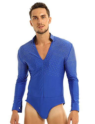 Yeahdor Herren Body Hemdbody Langarm Bodysuit Ouvert Stringbody Trikot Leotard Tanzhemd Latein Tango Rumba Tanzanzug A Königsblau M von Yeahdor