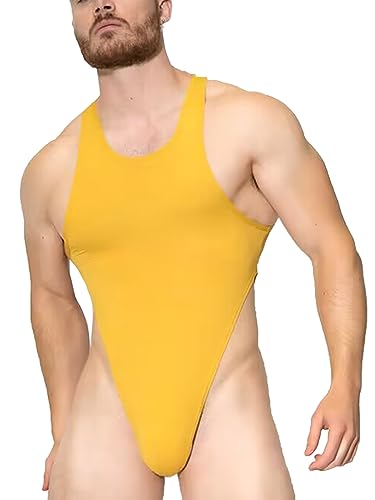 Yeahdor Herren Body Overall Ärmellos Sportbody Atmungsaktiv Stringbody Athletic Supporters Wrestling Boxer Overall Training Fitness Gelb L von Yeahdor