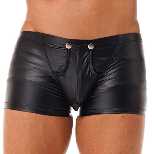 Yeahdor Herren Boxer Shorts Kunstleder Kurze Hose Ouvert Slip Dessous Vorne Offen mit Knöpfen Unterwäsche Untershorts Clubwear Party A Schwarz XL von Yeahdor