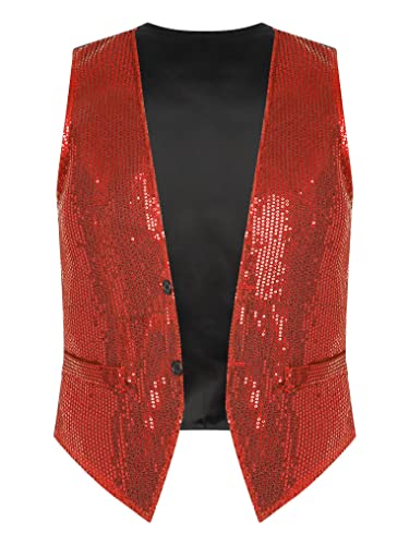 Yeahdor Herren Damen Pailletten Weste Glitzer Ärmellos Anzugweste Tanzjacke Zubehör Mantel Tanzkostüm Party Karneval Cosplay Verkleidung Aa Rot L von Yeahdor