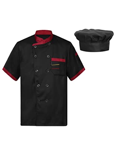 Yeahdor Herren Koch Kostüm Kurzarm Kochjacke mit Kochmütze Kochmantel Chef Uniform Knöpfe Restaurant Kostüm Cosplay Outfit A Schwarz XXL von Yeahdor