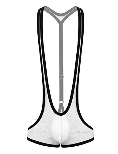Yeahdor Herren Mankini Stringbody Wrestling Singlet Mesh Body Tanga mit Bulge Beutel Transpanrent Unterhemd Badeanzug Weiß Einheitsgröße von Yeahdor