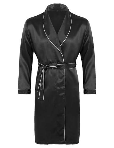 Yeahdor Herren Morgenmantel Langarm Bademantel Kurz Satin Mantel Kimono Robe mit Schnürung Nachtwäsche Luxusbekleidung Ca Schwarz XXL von Yeahdor