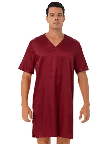 Yeahdor Herren Schlafhemd Kurz Einteiler Satin Pyjama Shirt V-Ausschnitt Schlafenshirt Schlafanzug Pyjamas Nachtwäsche Weinrot 4XL von Yeahdor