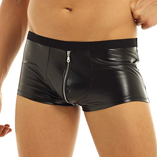 Yeahdor Herren Wetlook Shorts Kunstleder Boxershorts Slim Fit Slip Glänzend Low Rise Trunk mit Reißverschluss Dessous Unterwäsche A Schwarz A XL von Yeahdor