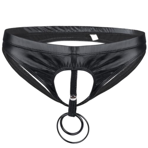 Yeahdor Herren Wetlook Slips Ouvert String Lack und Leder Dessous Offener Schritt Unterwäsche Tangas mit 2 Penisringe Open Butt Panties Schwarz XL von Yeahdor