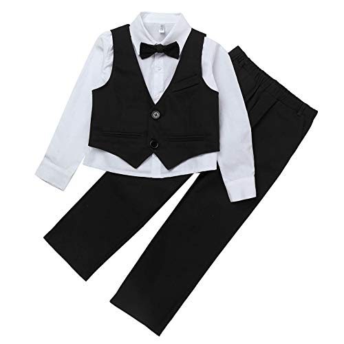 Yeahdor Kinder Jungen Bekleidung Set Festlich Anzug Set Blazer Smoking Weste + Hemd + Hose + Fliege Formelle Set Hochzeit Party A Schwarz 134-140 von Yeahdor