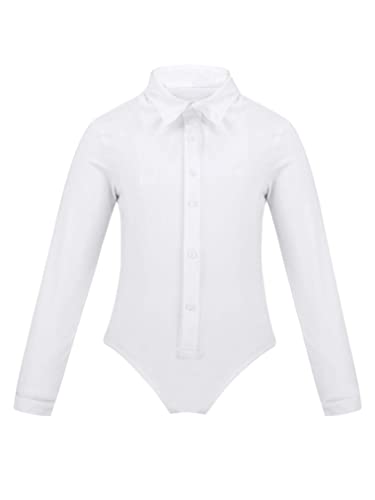 Yeahdor Kinder Jungen Body Langarm Strampler Overall Slim Fit Hemd Langarmbody Tanzhemd Latein Ballsaal Tanzkostüm Weiß 122-128 von Yeahdor