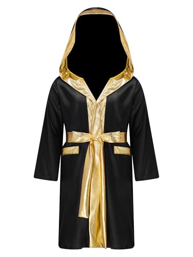 Yeahdor Kinder Jungen Boxer Mantel Kickboxer Jacke Langarm Satin Robe mit Kapuze Gürtel Goldener Saum Umhang Cape Outerwear Training Schwarz 110-116 von Yeahdor