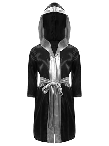 Yeahdor Kinder Jungen Boxer Mantel Kickboxer Jacke Langarm Satin Robe mit Kapuze Gürtel Goldener Saum Umhang Cape Outerwear Training Schwarzes Silber A 158-164 von Yeahdor