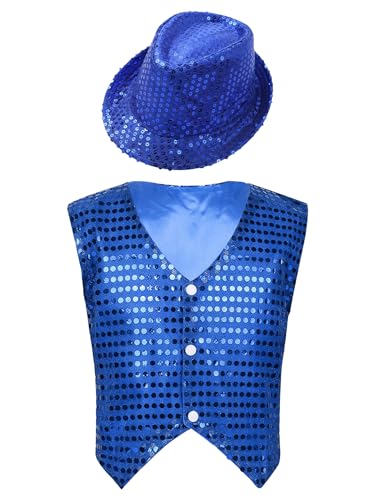 Yeahdor Kinder Jungen Glitzer Weste Pailletten Jacke mit Hut Smoking Mantel Gentleman Anzugweste Party Hip-Hop Tanzkostüm A Blau 164-170 von Yeahdor