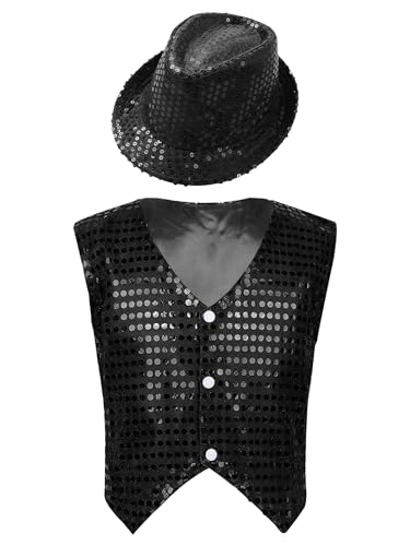 Yeahdor Kinder Jungen Glitzer Weste Pailletten Jacke mit Hut Smoking Mantel Gentleman Anzugweste Party Hip-Hop Tanzkostüm A Schwarz 146-152 von Yeahdor