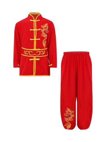 Yeahdor Kinder Jungen Kung Fu Uniform Langarm Kung Fu Shirt mit Wushu Hose + Gürtel Chinesische Kampfsport Bekleidung Sets Rot 170-176 von Yeahdor
