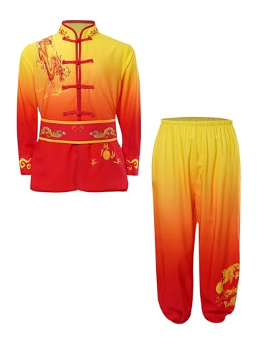 Yeahdor Kinder Jungen Mädchen Kong Fu Kleidung Set Tai-Chi-Uniform Chinesische Kampfkunst Kleidungsset Kampfsport Kostüme Gelb Rot 122-128 von Yeahdor