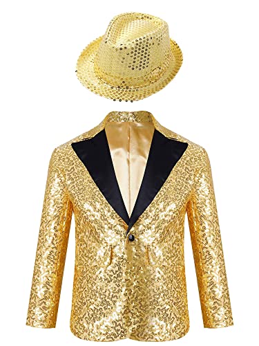 Yeahdor Kinder Jungen Pailletten Gentleman Outfit Glitzer Anzugjacke Langarm Sakko Blazer Mit Mütze Hochzeit Geburtstag Party Bühnenkostüm A Gold 146-152 von Yeahdor