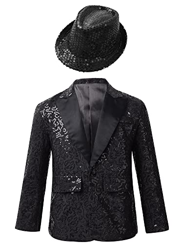 Yeahdor Kinder Jungen Pailletten Gentleman Outfit Glitzer Anzugjacke Langarm Sakko Blazer Mit Mütze Hochzeit Geburtstag Party Bühnenkostüm Schwarz 158-164 von Yeahdor