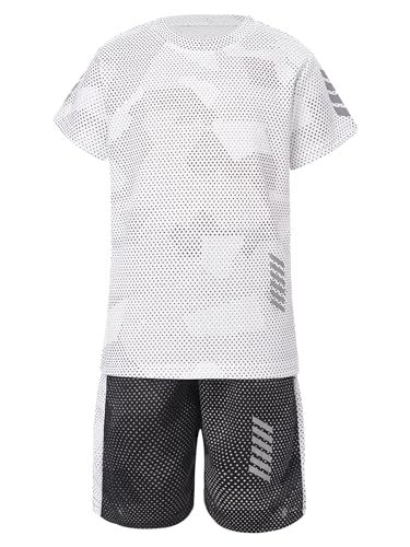 Yeahdor Kinder Jungen Sport Kleidung Set Kurzarm Sportshirt mit Shorts Atmungsaktive Sportanzug Fitness Set Fußball Laufen Tennis D Weiß 122-128 von Yeahdor