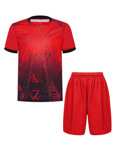 Yeahdor Kinder Jungen Sport Kleidung Kurzarm Sportshirt mit Kurz Hose Loose Fit Fußball Basketball Sportanzuzg Trainingsanzug Rot A 134-140 von Yeahdor