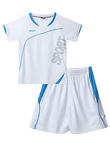 Yeahdor Kinder Jungen Sport Kleidung Kurzarm Sportshirt mit Kurz Hose Loose Fit Fußball Basketball Sportanzuzg Trainingsanzug Da Weiß 122-128 von Yeahdor