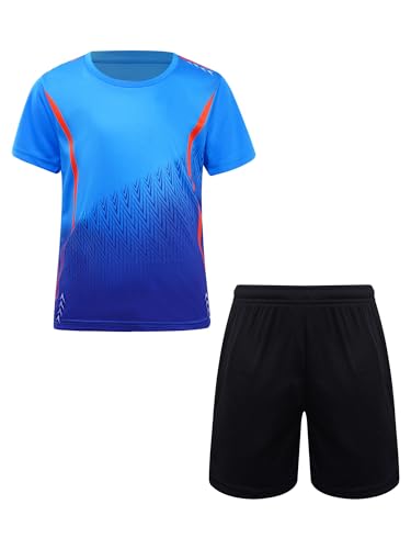 Yeahdor Kinder Jungen Sport Kleidung Set Kurzarm Sportshirt mit Kurz Hose Loose Fit Sportanzuzg Trainingsanzug Fitness Laufen Jogging Ha Himmelblau 134-140 von Yeahdor