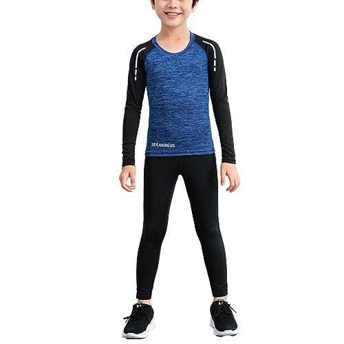 Yeahdor Kinder Jungen Sport Kleidung Set Langarm Sport T-Shirt Lang Hose Schnell Trocknend Trainingsanzug Fitness Fußball Jogging Blau 122-128 von Yeahdor