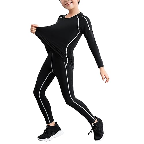 Yeahdor Kinder Jungen Sport Kleidung Set Langarm Sport T-Shirt Lang Hose Schnell Trocknend Trainingsanzug Fitness Fußball Jogging Schwarzgrau 110-116 von Yeahdor