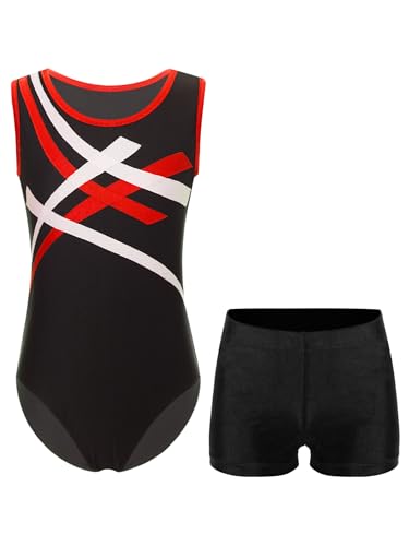 Yeahdor Kinder Jungen Turnanzug Ärmellos Sport Bodysuit mit Kurze Hose Trainingsanzug Jogginganzug Ballettanzug Eiskunstlaufen Akroabtik A Rot schwarz 146-152 von Yeahdor