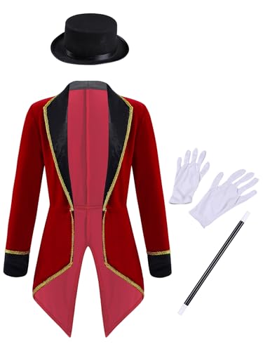 Yeahdor Kinder Jungen Zirkusdirektor Kostüm Langarm Zirkus Jacke Smoking Mantel Fasching Cosplay Party Bühnenauftritte Verkleidung C Weinrot 164 von Yeahdor
